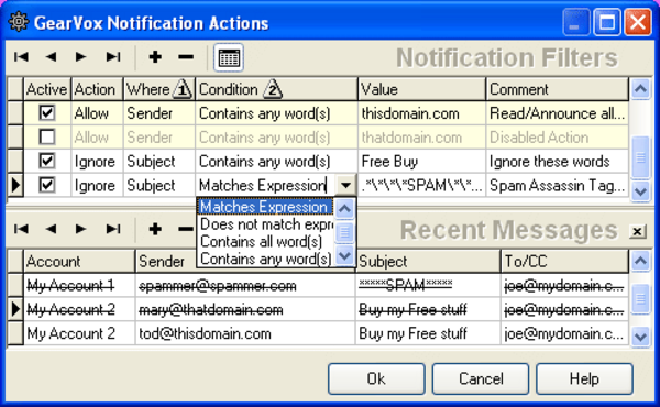 Notification Actions Editor, define your spam filter rules using Perl style regular expressions