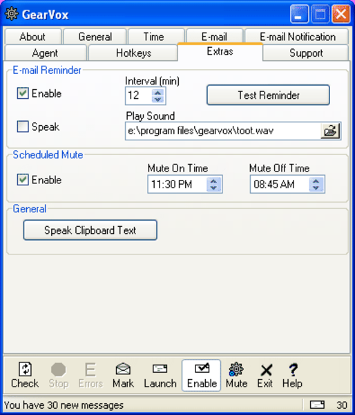 Additional Options, e-mail reminders, scheduled sound mute, read the text on the clipboard